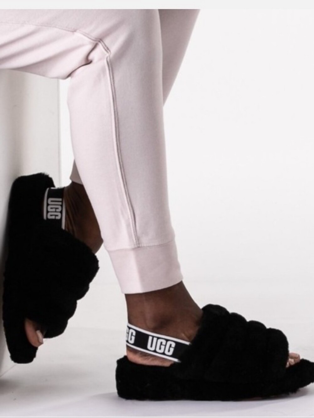 Women's UGG Fluff Yeah Slide Sandals with Logo Elastic Strap - Black Size 10